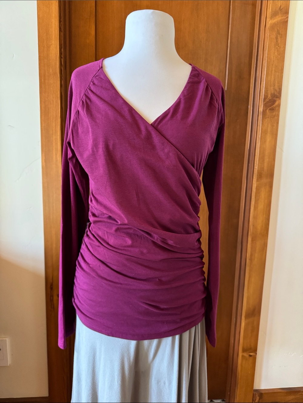 Garnet Hill Wrap-Front Long Sleeve Top in Burgandy